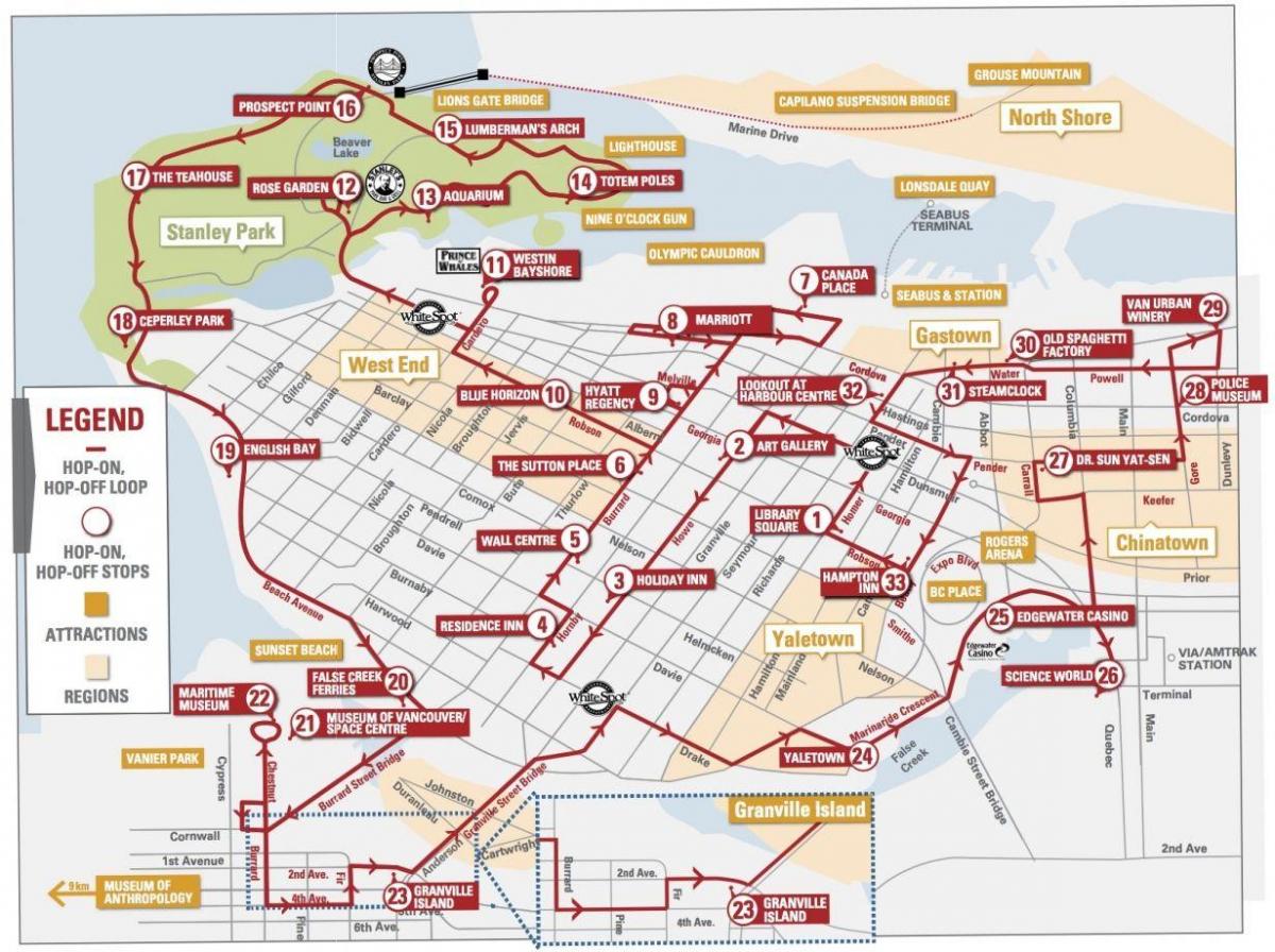 Karta över vancouver hop on hop-off trolley 